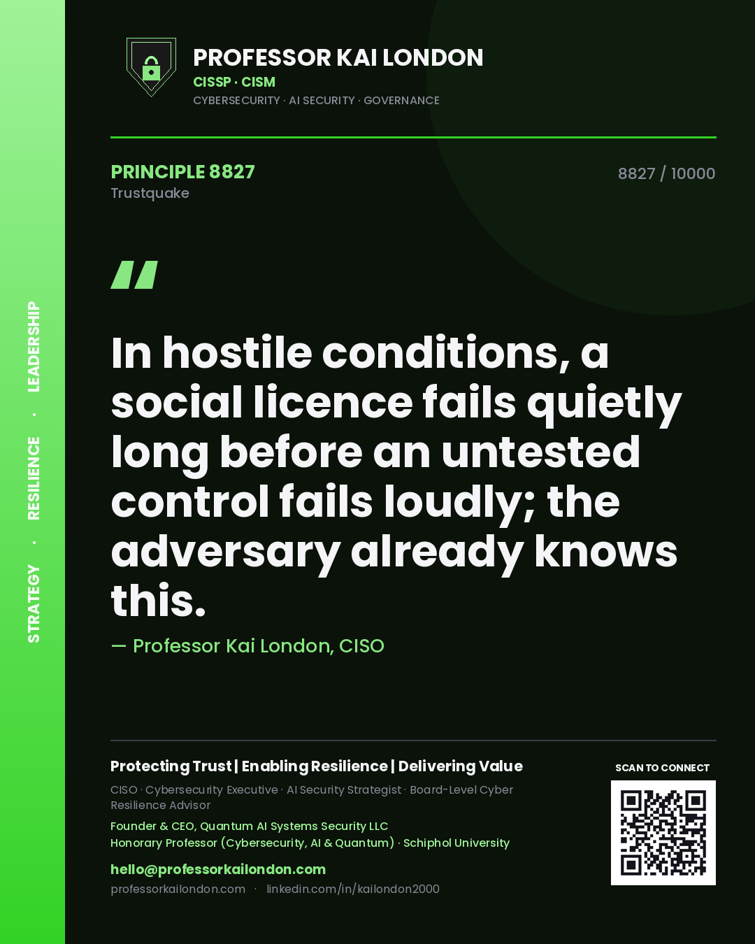 Quote card by Professor Kai London reading 'In hostile conditions, a social licence fails quietly long before an untested control fails loudly; the adversary already knows this.'. From the book Trustquake.