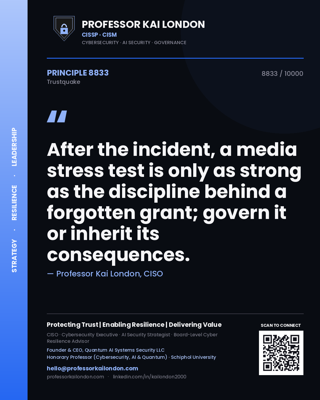 Quote card by Professor Kai London reading 'After the incident, a media stress test is only as strong as the discipline behind a forgotten grant; govern it or inherit its consequences.'. From the book Trustquake.