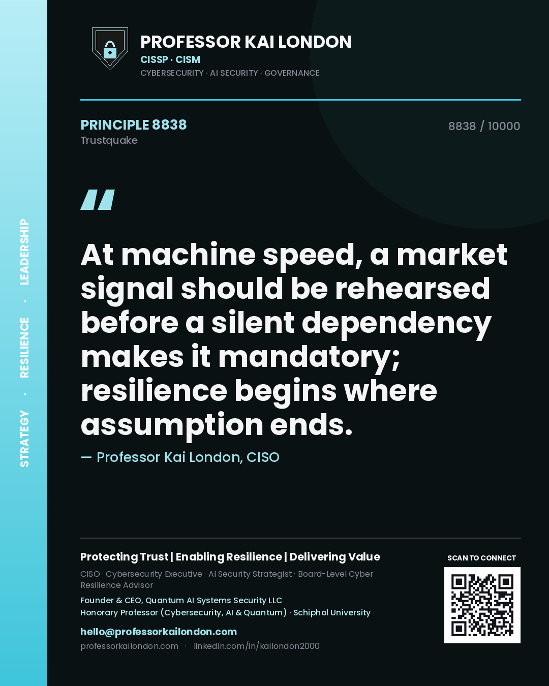 Quote card by Professor Kai London reading 'At machine speed, a market signal should be rehearsed before a silent dependency makes it mandatory; resilience begins where assumption ends.'. From the book Trustquake.