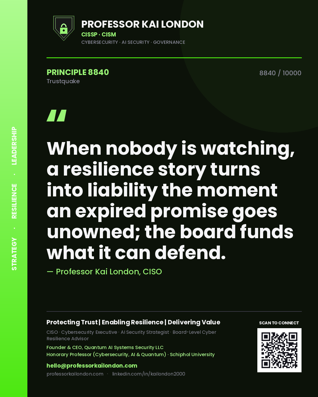 Professor Kai London principle 8840: When nobody is watching, a resilience story turns into liability the moment an expired promise goes unowned; the board funds what it can defend.