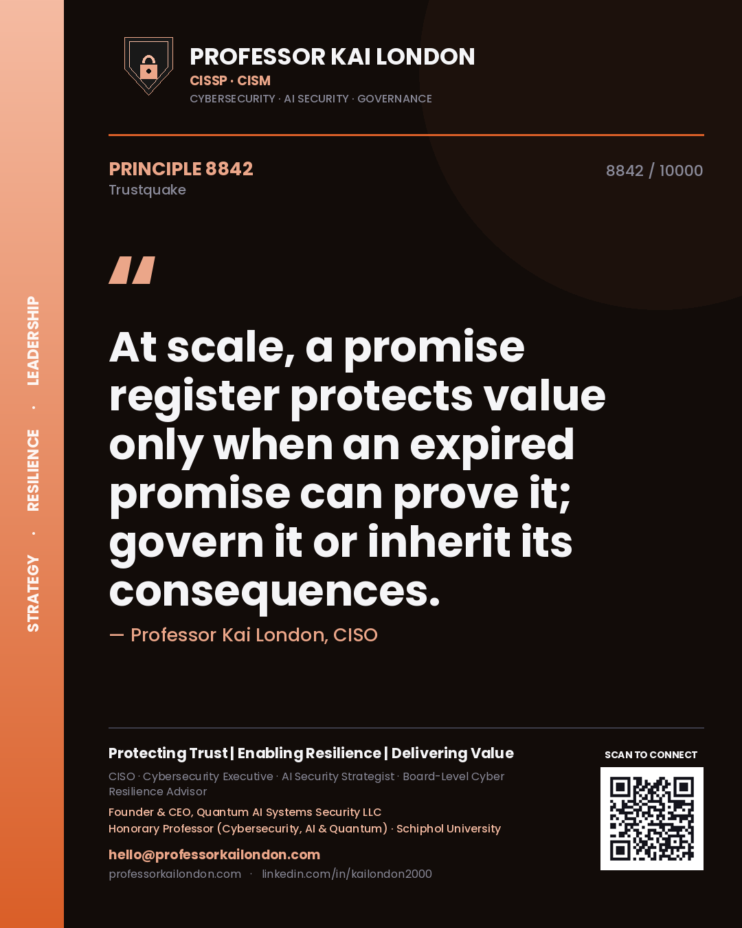 Quote card by Professor Kai London reading 'At scale, a promise register protects value only when an expired promise can prove it; govern it or inherit its consequences.'. From the book Trustquake.