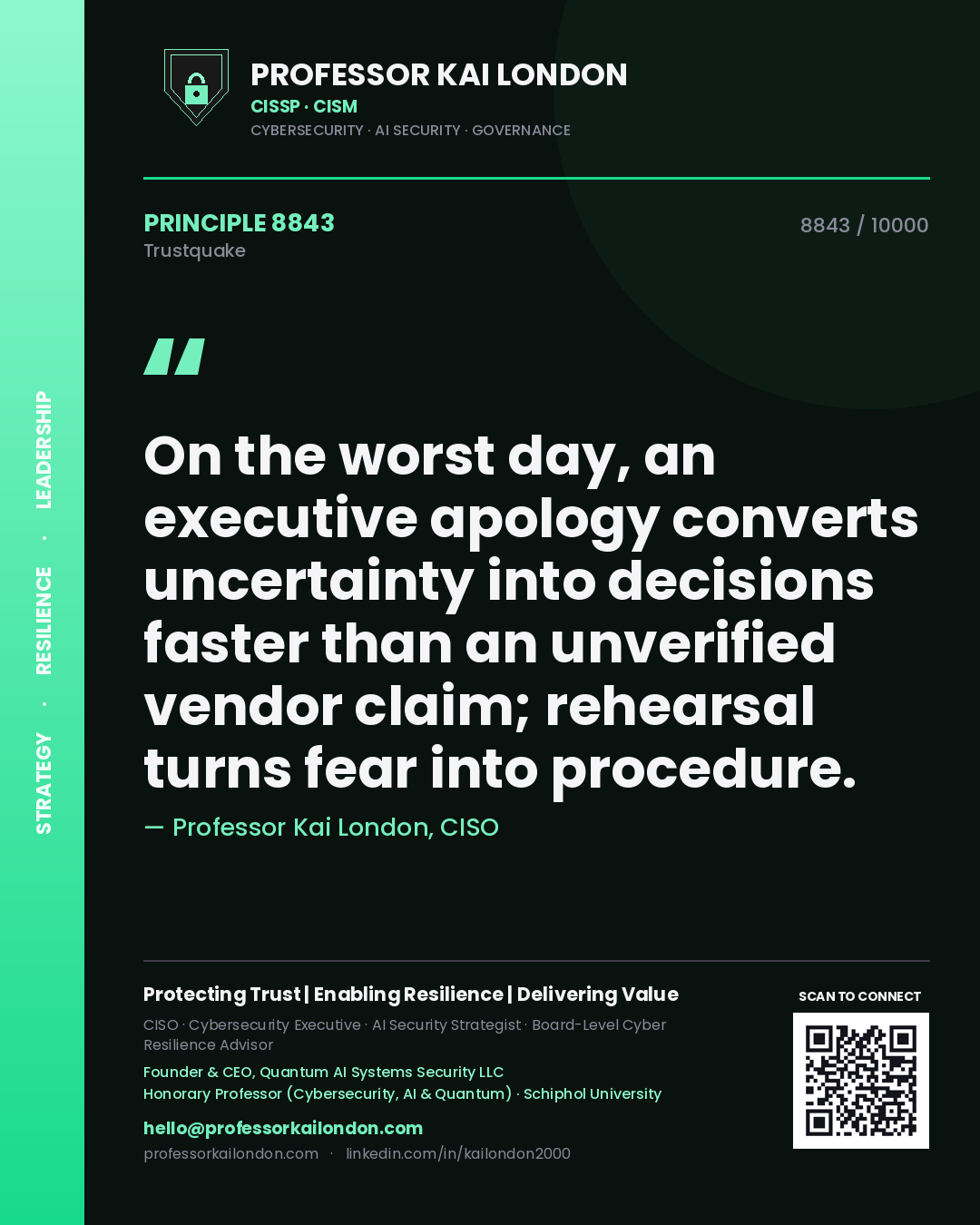Quote card by Professor Kai London reading 'On the worst day, an executive apology converts uncertainty into decisions faster than an unverified vendor claim; rehearsal turns fear into procedure.'. From the book Trustquake.