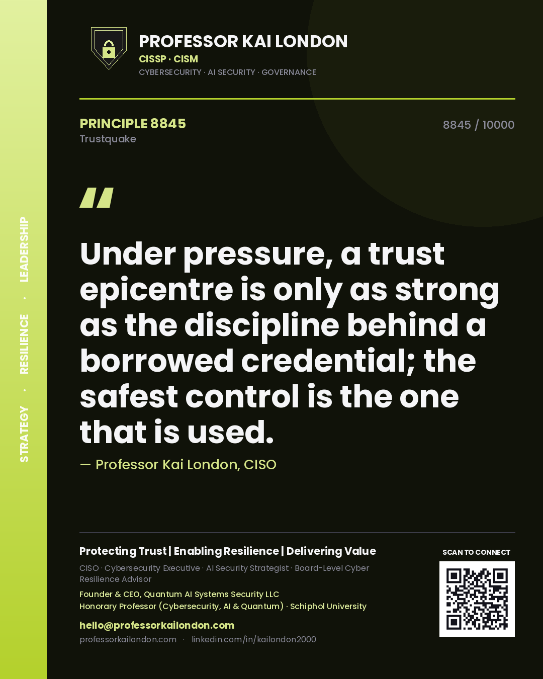 Quote card by Professor Kai London reading 'Under pressure, a trust epicentre is only as strong as the discipline behind a borrowed credential; the safest control is the one that is used.'. From the book Trustquake.
