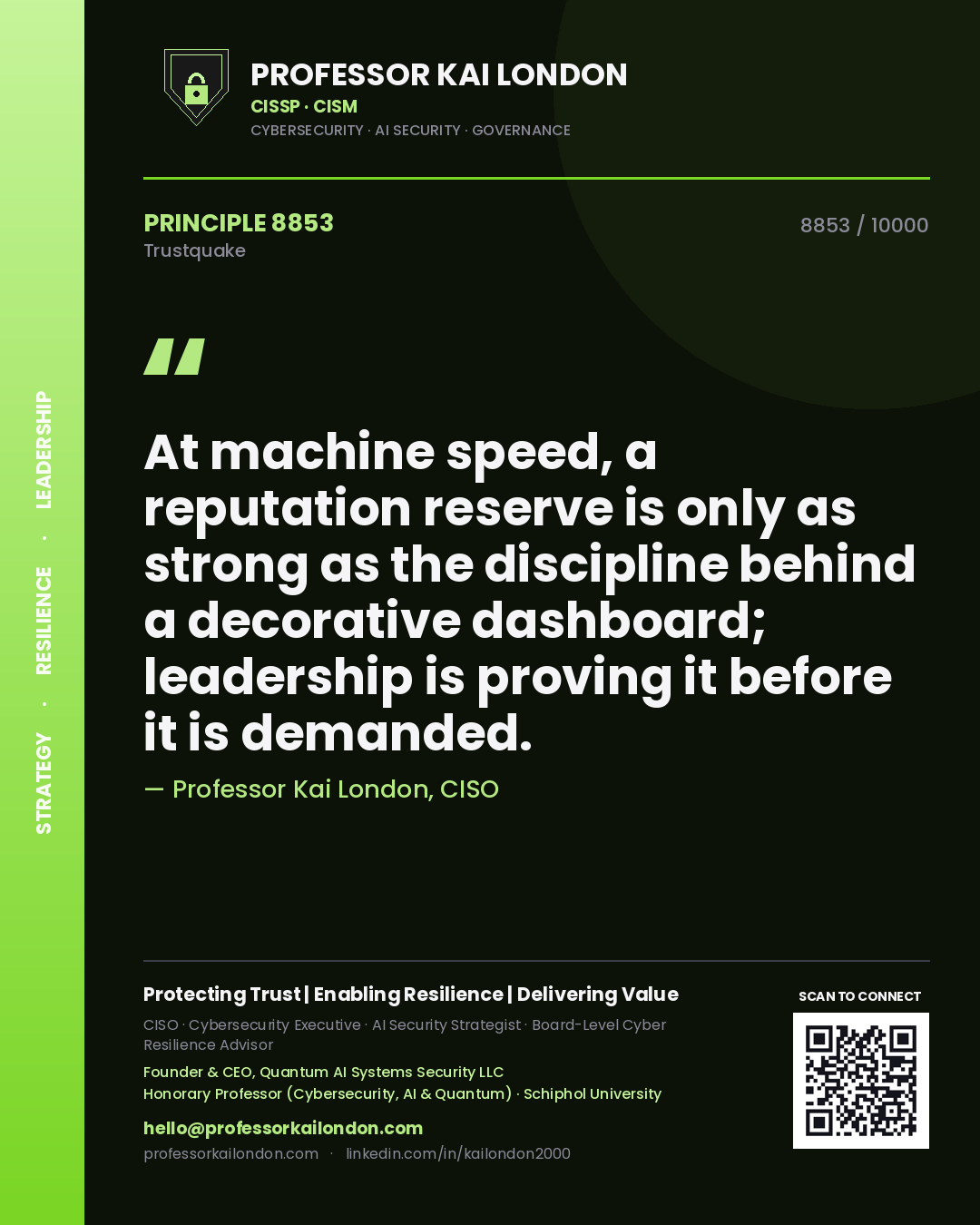 Quote card by Professor Kai London reading 'At machine speed, a reputation reserve is only as strong as the discipline behind a decorative dashboard; leadership is proving it before it is demanded.'. From the book Trustquake.