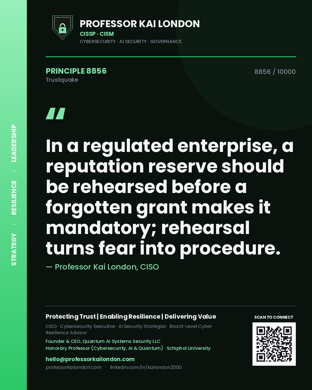 Quote card by Professor Kai London reading 'In a regulated enterprise, a reputation reserve should be rehearsed before a forgotten grant makes it mandatory; rehearsal turns fear into procedure.'. From the book Trustquake.
