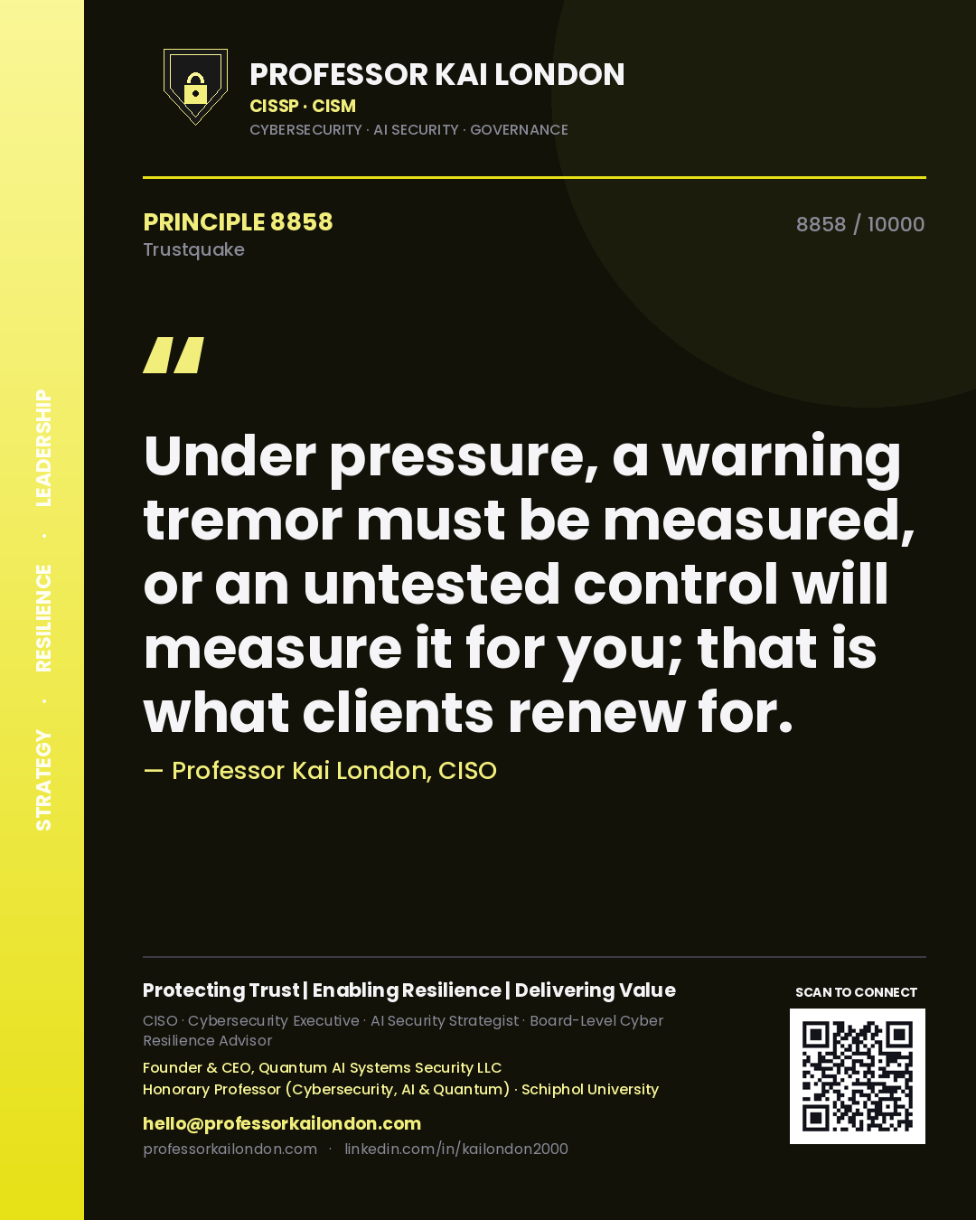 Quote card by Professor Kai London reading 'Under pressure, a warning tremor must be measured, or an untested control will measure it for you; that is what clients renew for.'. From the book Trustquake.
