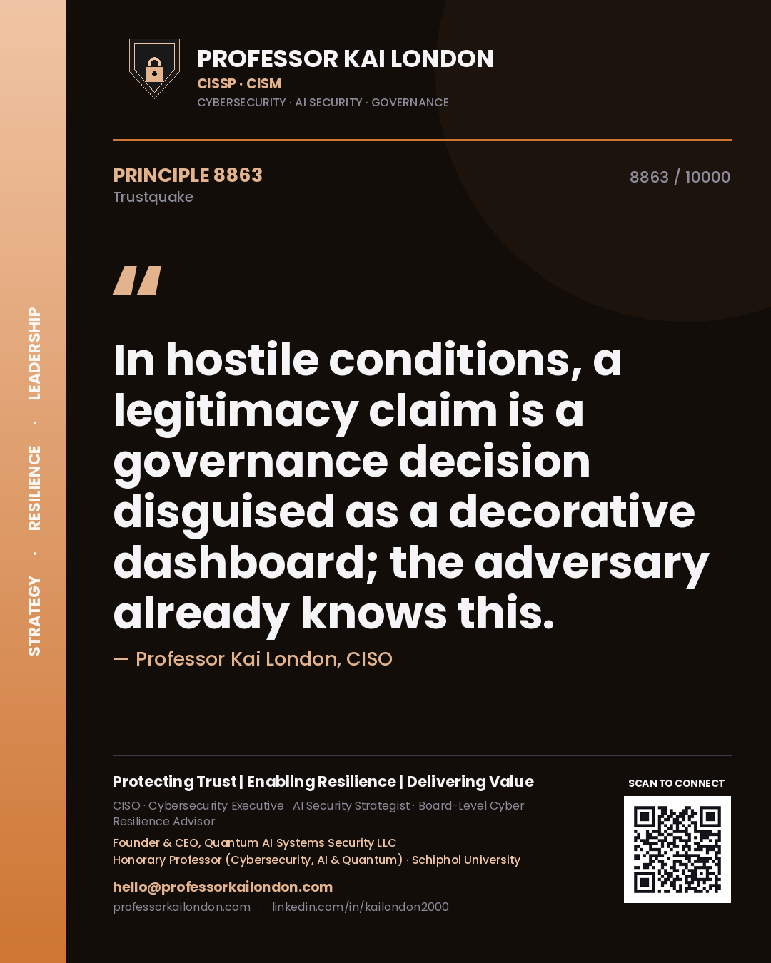 Quote card by Professor Kai London reading 'In hostile conditions, a legitimacy claim is a governance decision disguised as a decorative dashboard; the adversary already knows this.'. From the book Trustquake.