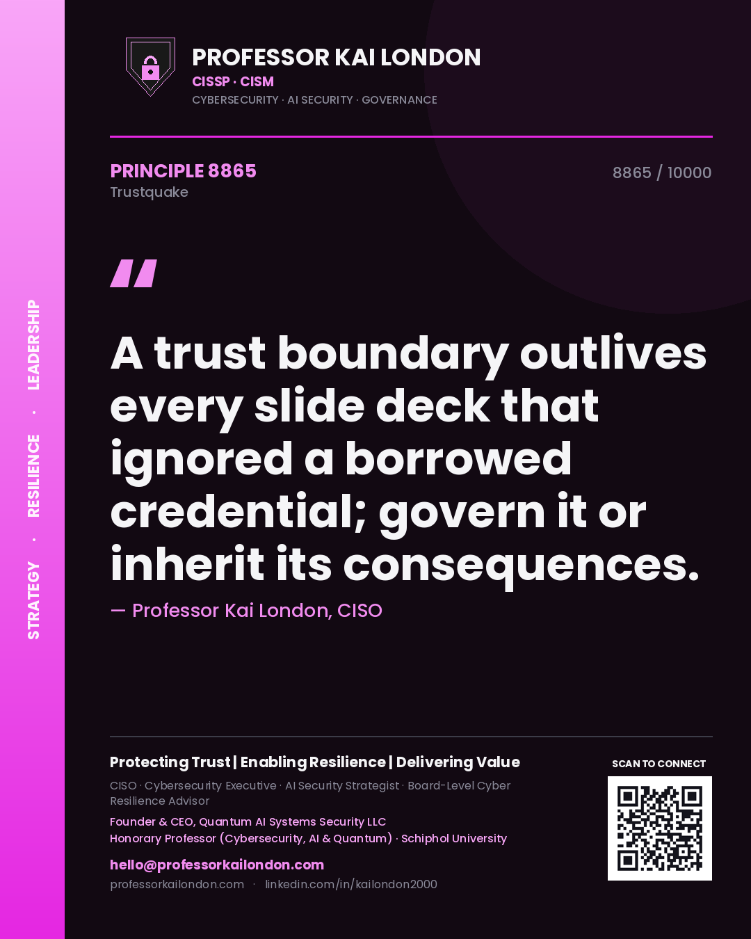 Quote card by Professor Kai London reading 'A trust boundary outlives every slide deck that ignored a borrowed credential; govern it or inherit its consequences.'. From the book Trustquake.