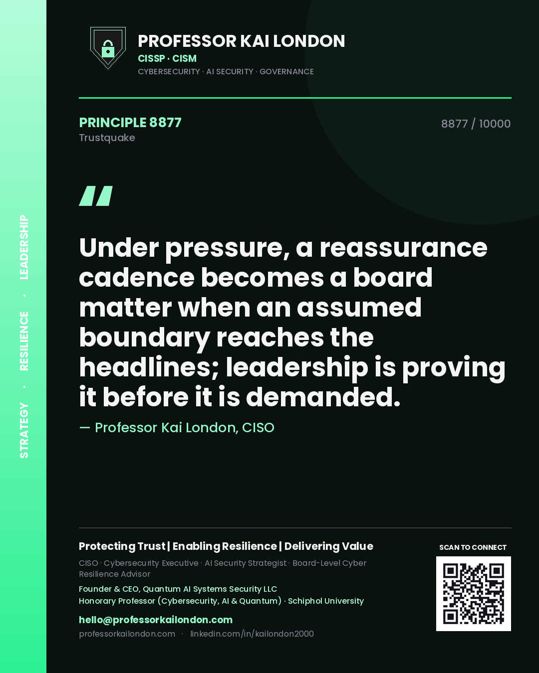 Quote card by Professor Kai London reading 'Under pressure, a reassurance cadence becomes a board matter when an assumed boundary reaches the headlines; leadership is proving it before it is demanded.'. From the book Trustquake.