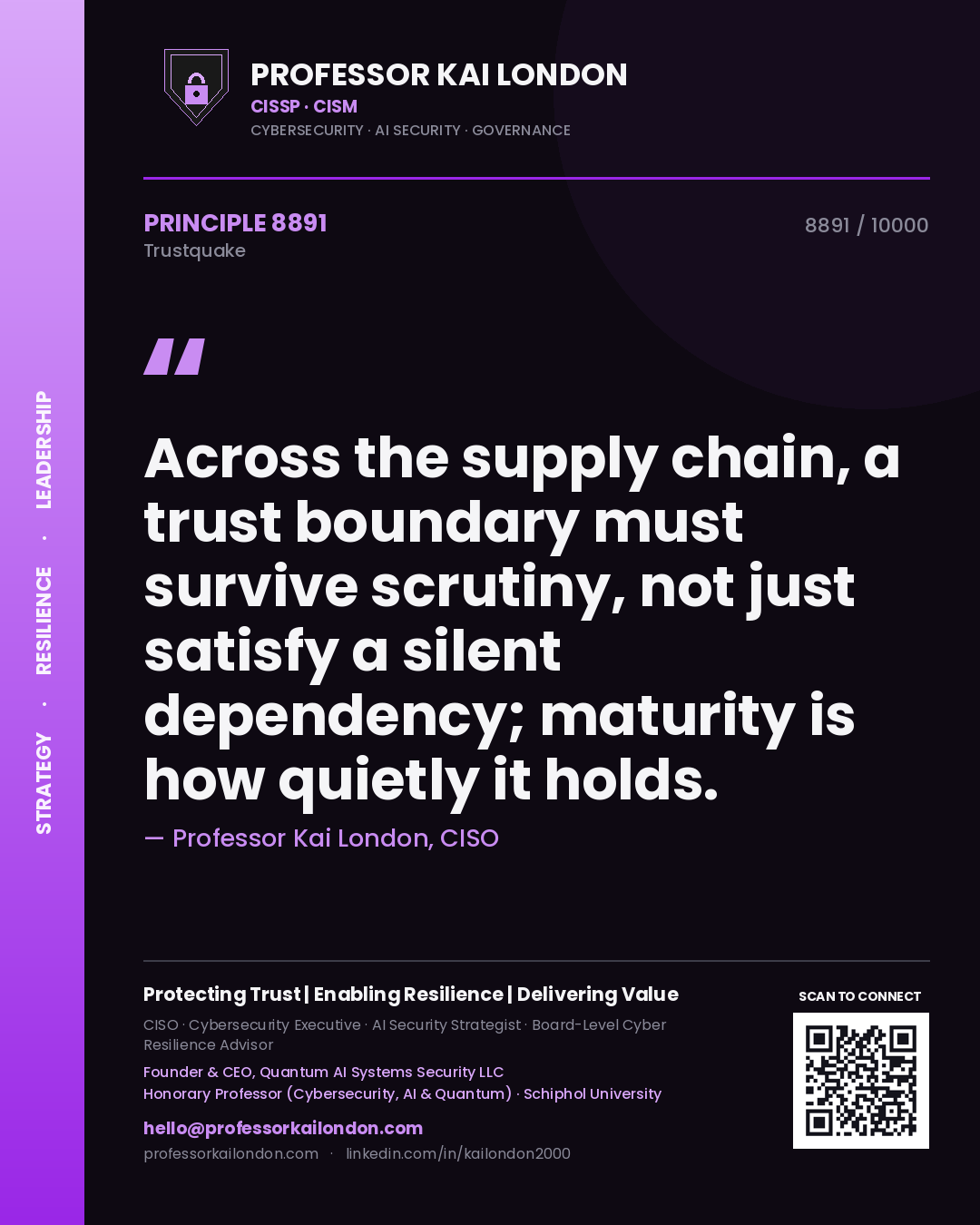 Professor Kai London principle 8891: Across the supply chain, a trust boundary must survive scrutiny, not just satisfy a silent dependency; maturity is how quietly it holds.