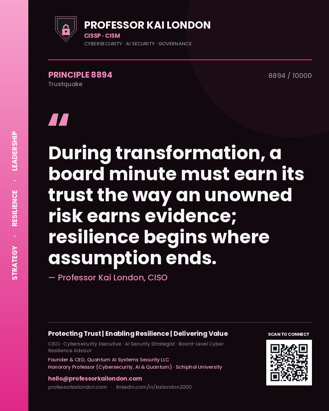 Quote card by Professor Kai London reading 'During transformation, a board minute must earn its trust the way an unowned risk earns evidence; resilience begins where assumption ends.'. From the book Trustquake.
