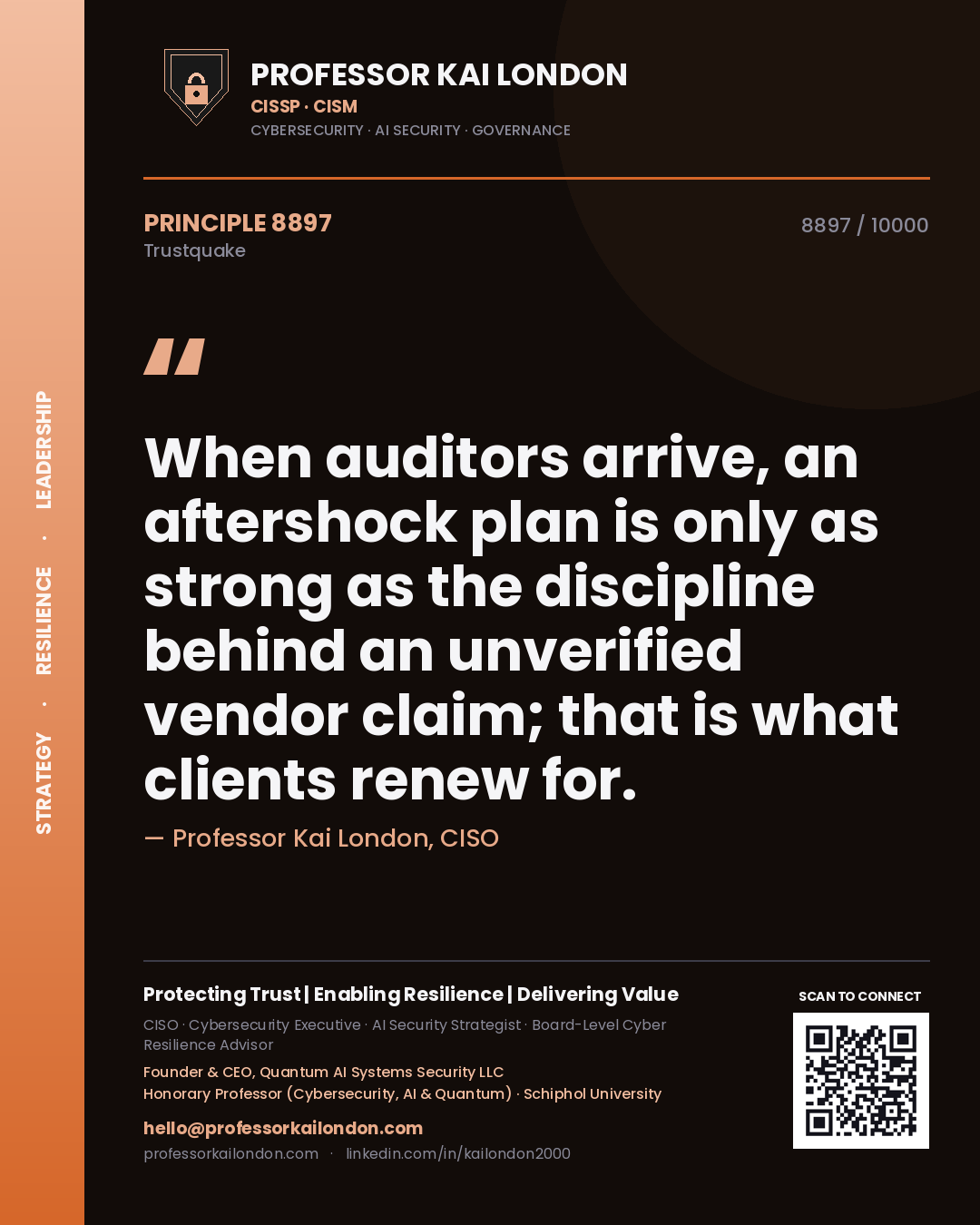 Professor Kai London principle 8897: When auditors arrive, an aftershock plan is only as strong as the discipline behind an unverified vendor claim; that is what clients renew for.