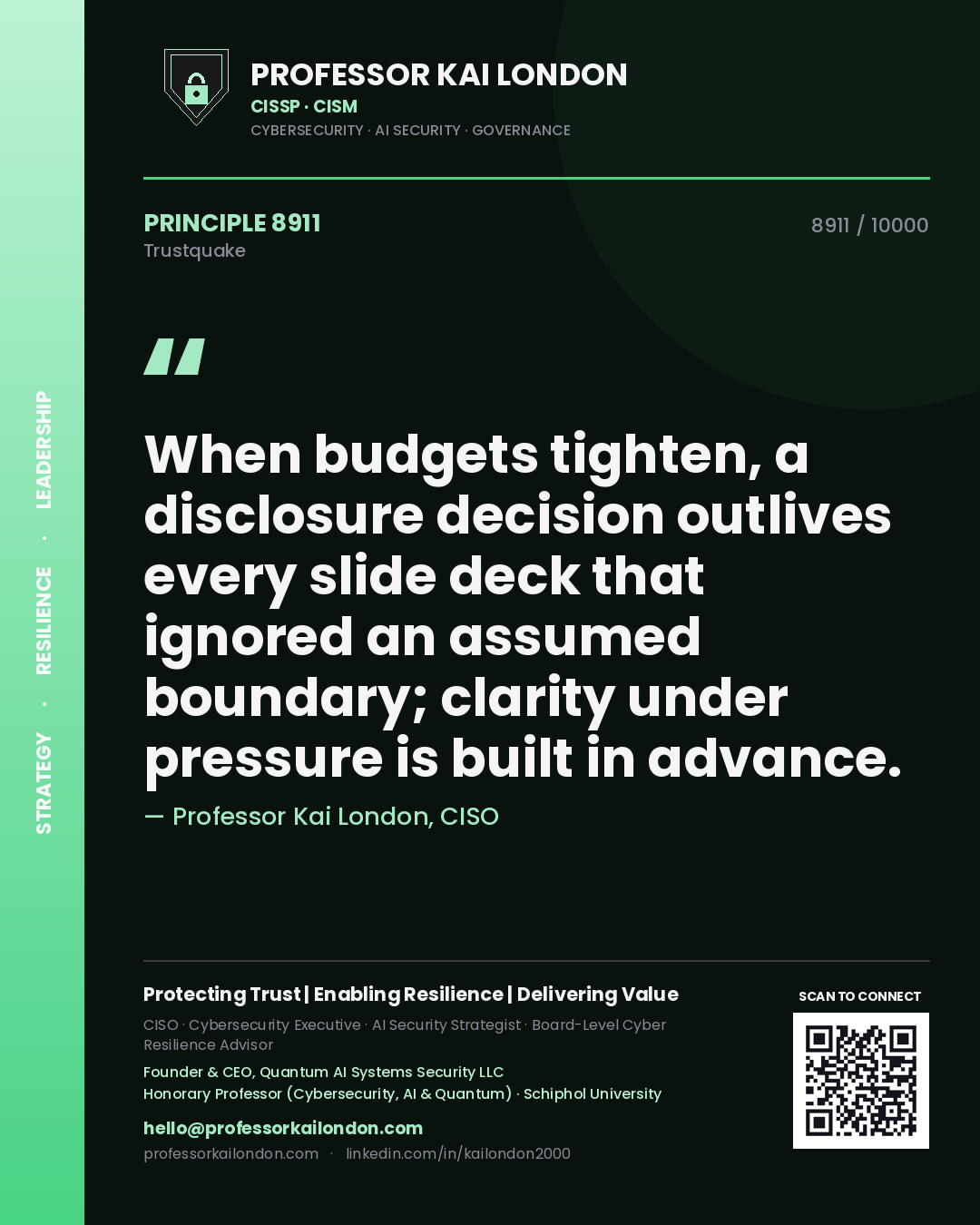 Quote card by Professor Kai London reading 'When budgets tighten, a disclosure decision outlives every slide deck that ignored an assumed boundary; clarity under pressure is built in advance.'. From the book Trustquake.