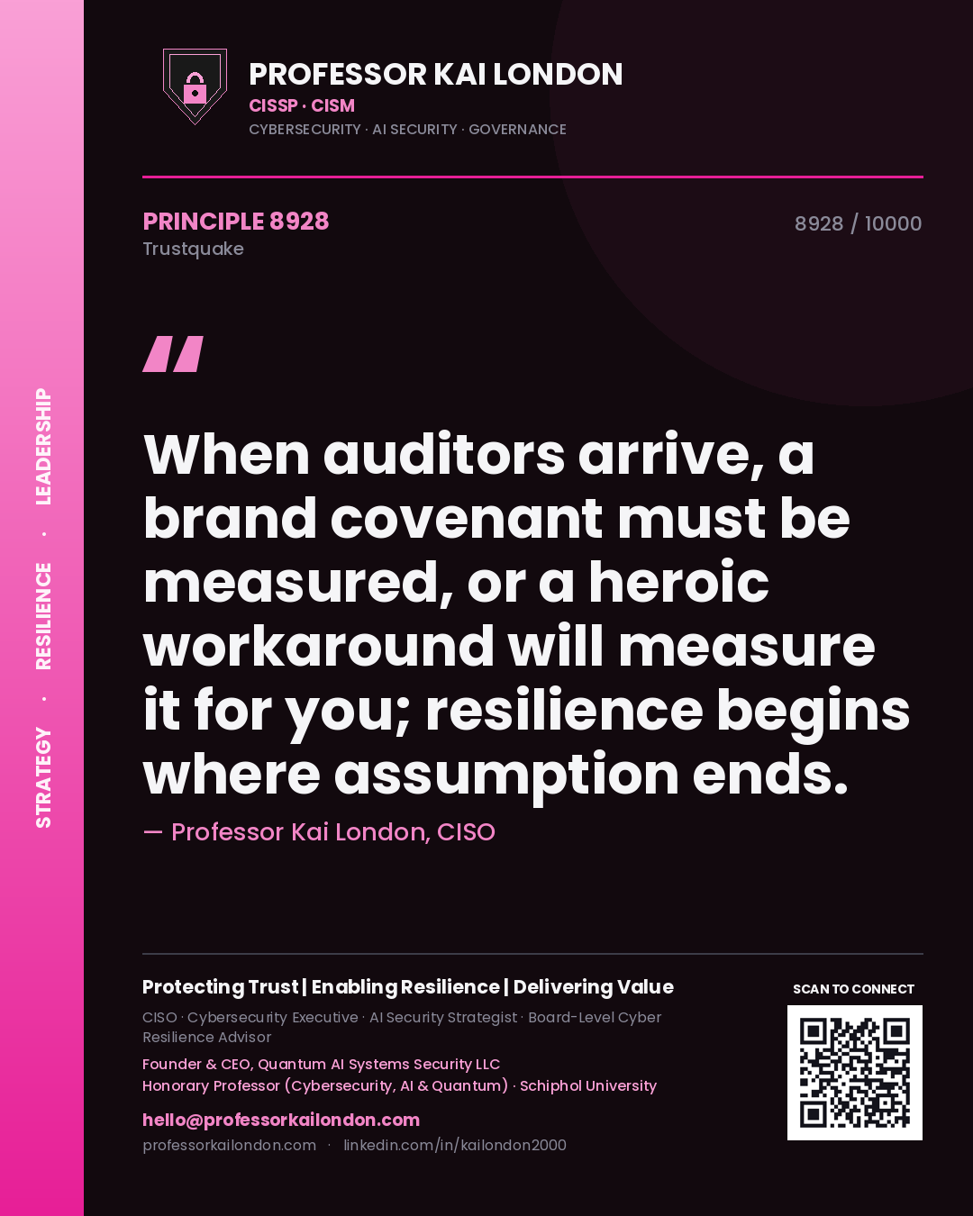 Quote card by Professor Kai London reading 'When auditors arrive, a brand covenant must be measured, or a heroic workaround will measure it for you; resilience begins where assumption ends.'. From the book Trustquake.