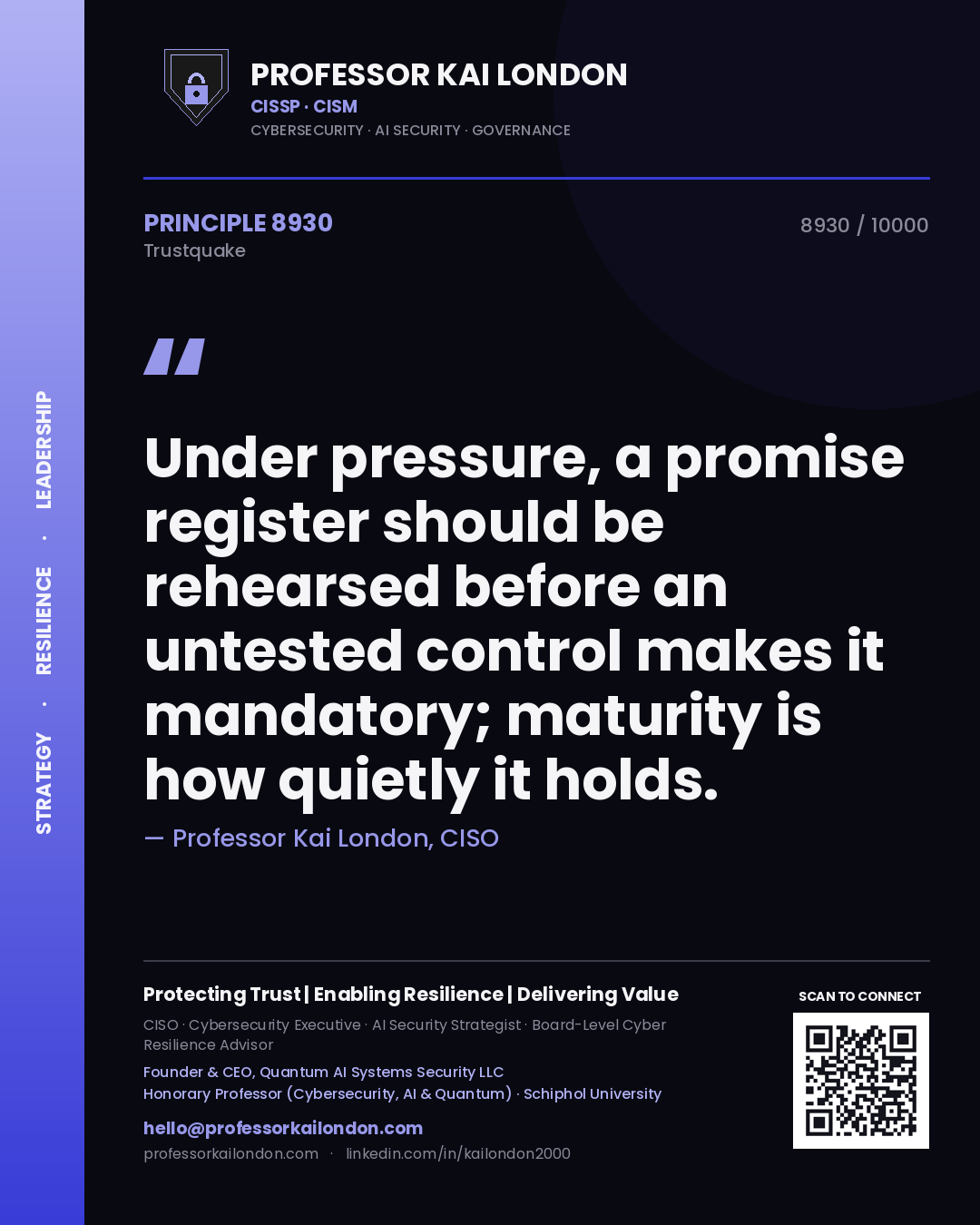 Quote card by Professor Kai London reading 'Under pressure, a promise register should be rehearsed before an untested control makes it mandatory; maturity is how quietly it holds.'. From the book Trustquake.