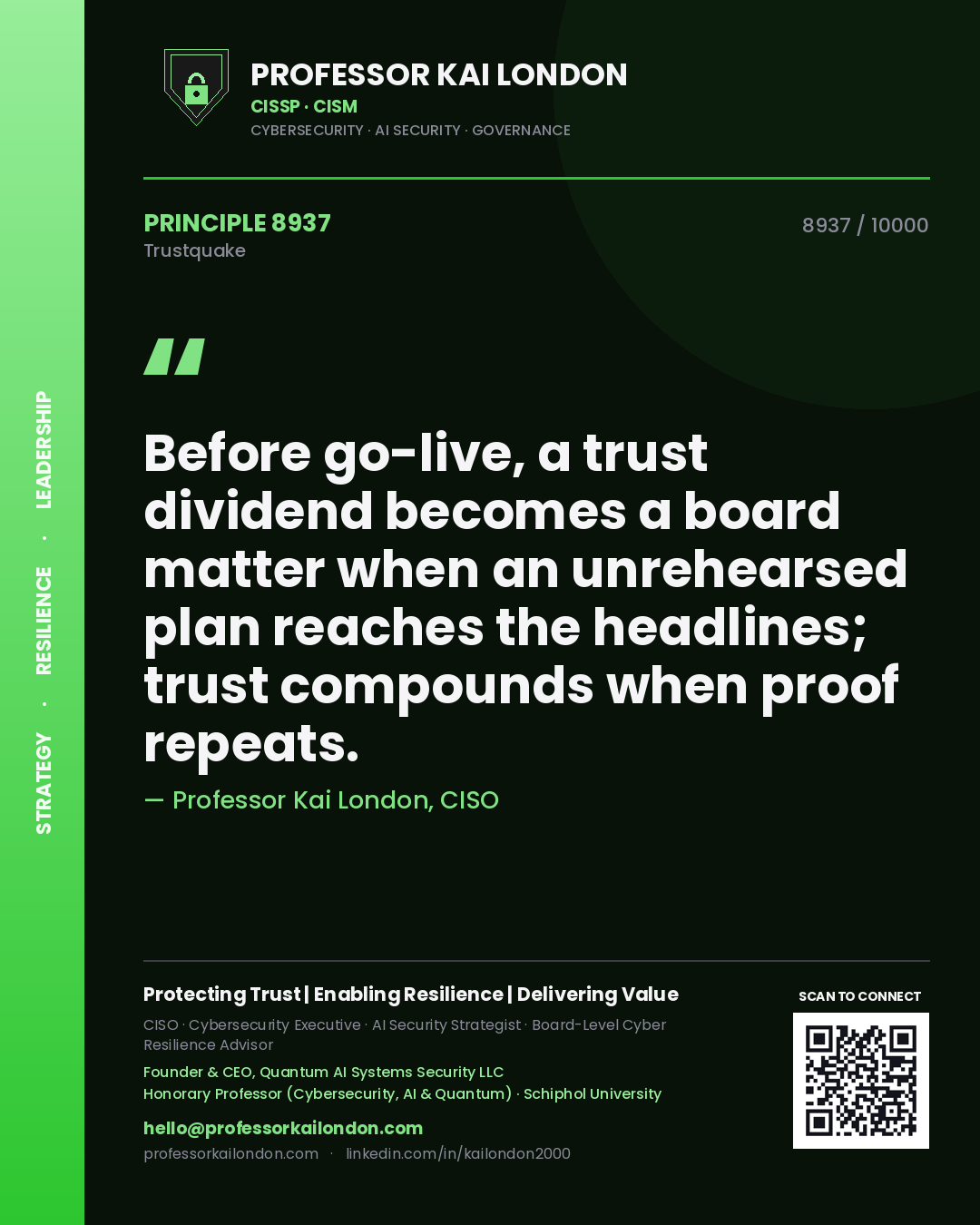 Quote card by Professor Kai London reading 'Before go-live, a trust dividend becomes a board matter when an unrehearsed plan reaches the headlines; trust compounds when proof repeats.'. From the book Trustquake.