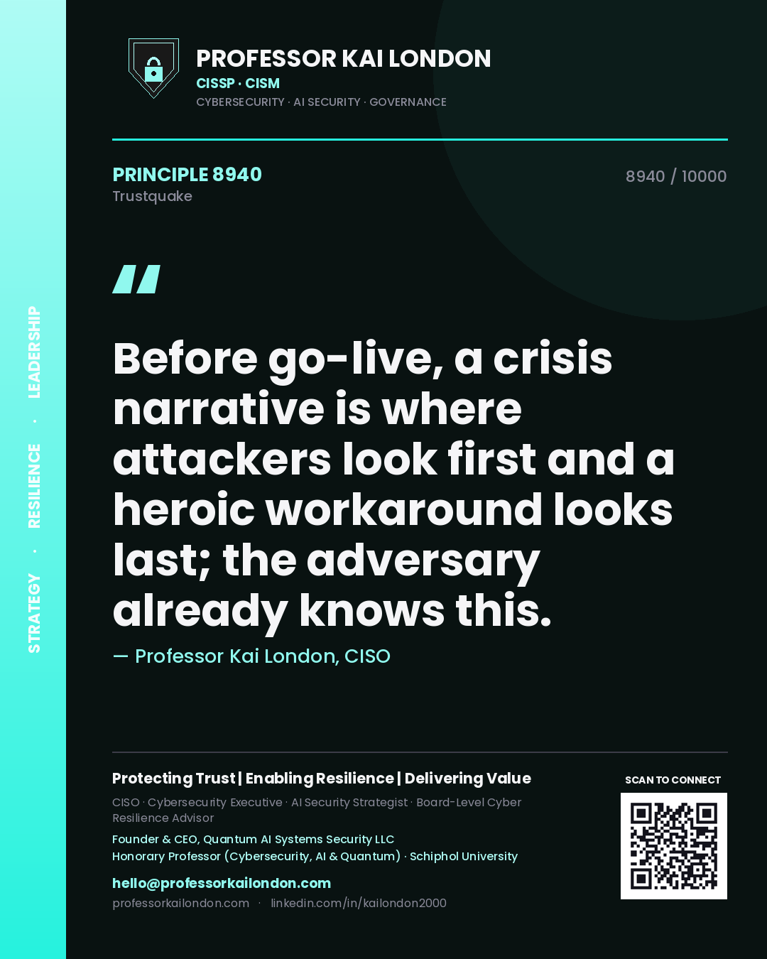Quote card by Professor Kai London reading 'Before go-live, a crisis narrative is where attackers look first and a heroic workaround looks last; the adversary already knows this.'. From the book Trustquake.