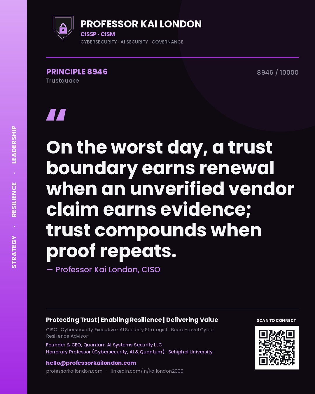Professor Kai London principle 8946: On the worst day, a trust boundary earns renewal when an unverified vendor claim earns evidence; trust compounds when proof repeats.