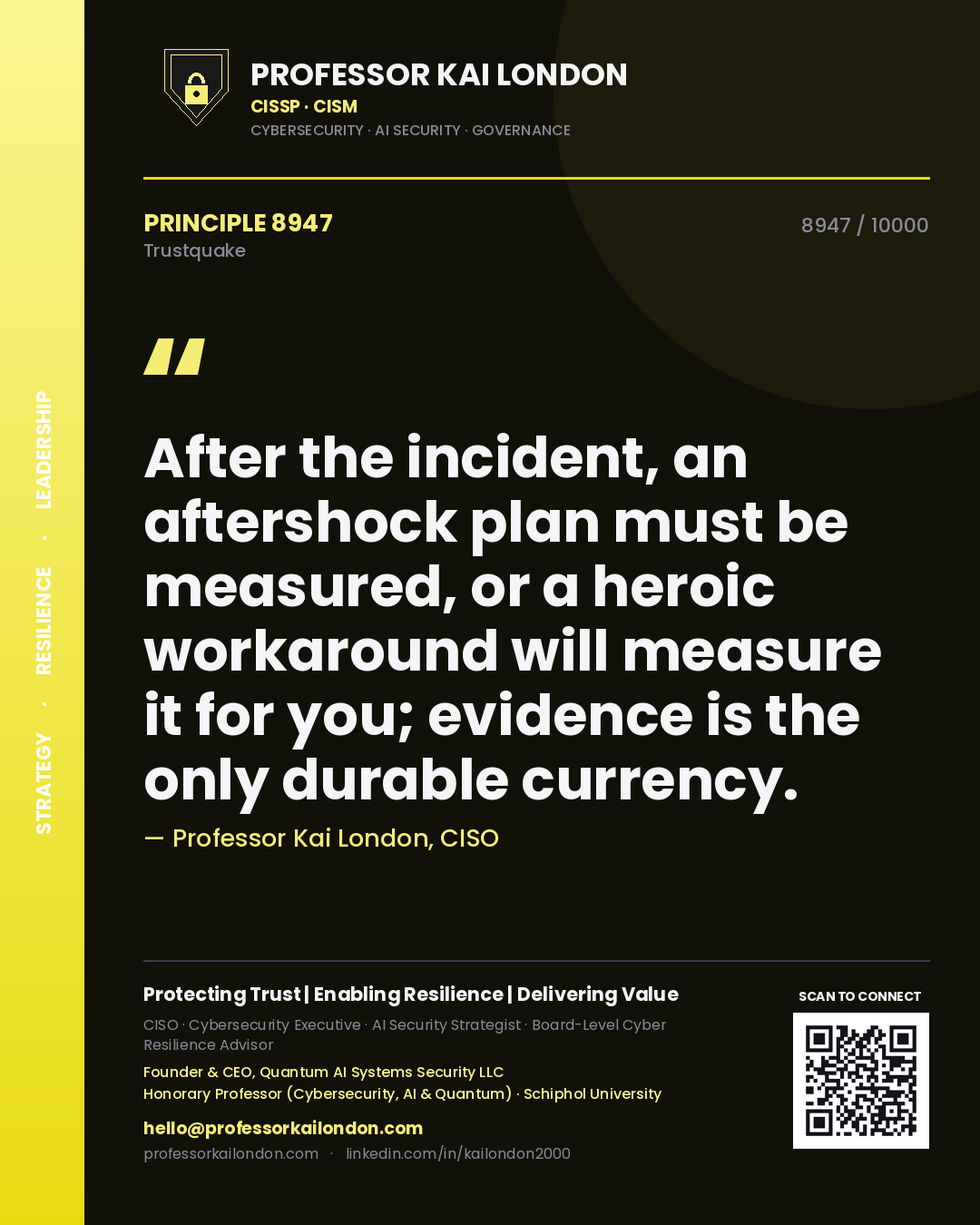 Professor Kai London principle 8947: After the incident, an aftershock plan must be measured, or a heroic workaround will measure it for you; evidence is the only durable currency.