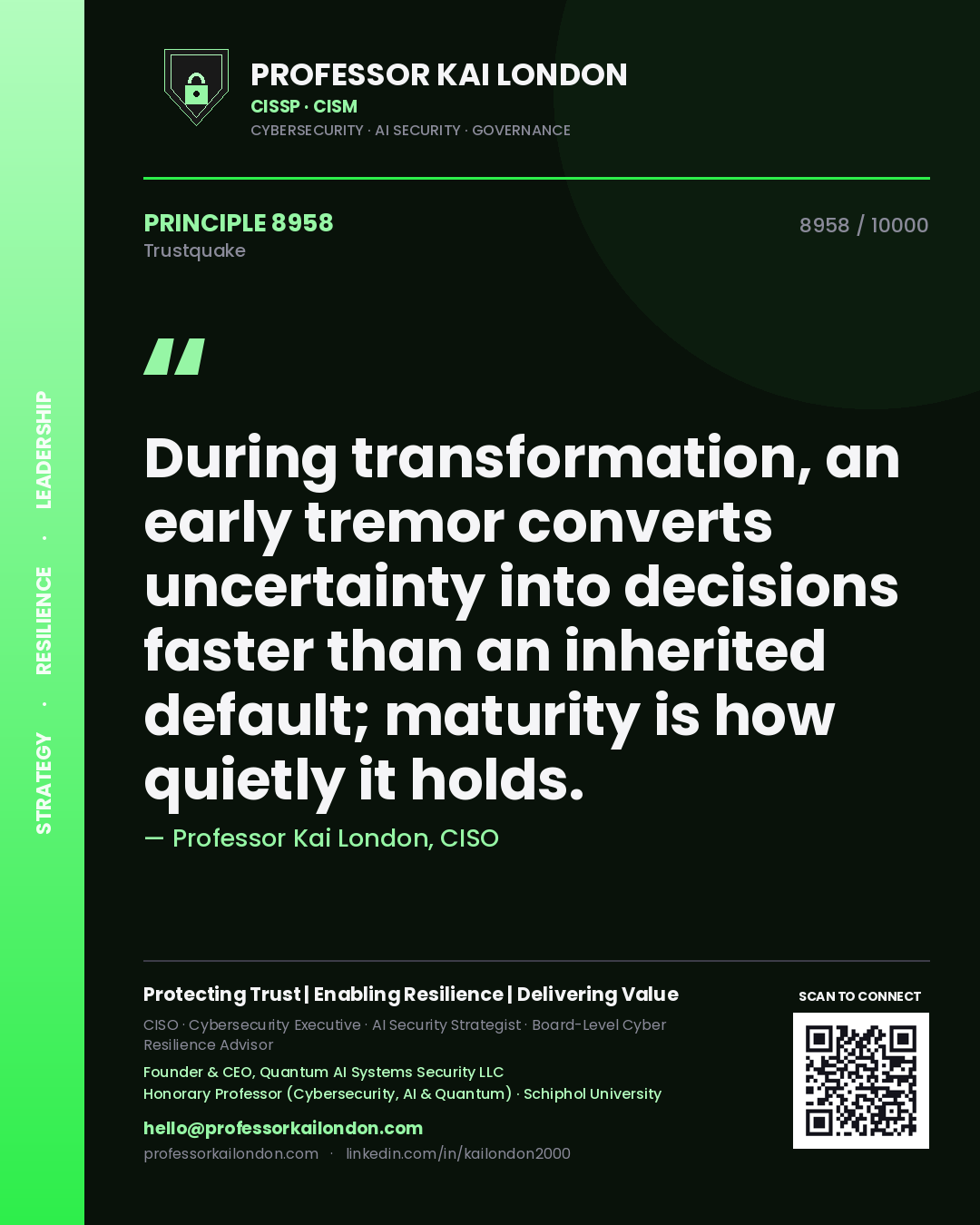 Quote card by Professor Kai London reading 'During transformation, an early tremor converts uncertainty into decisions faster than an inherited default; maturity is how quietly it holds.'. From the book Trustquake.
