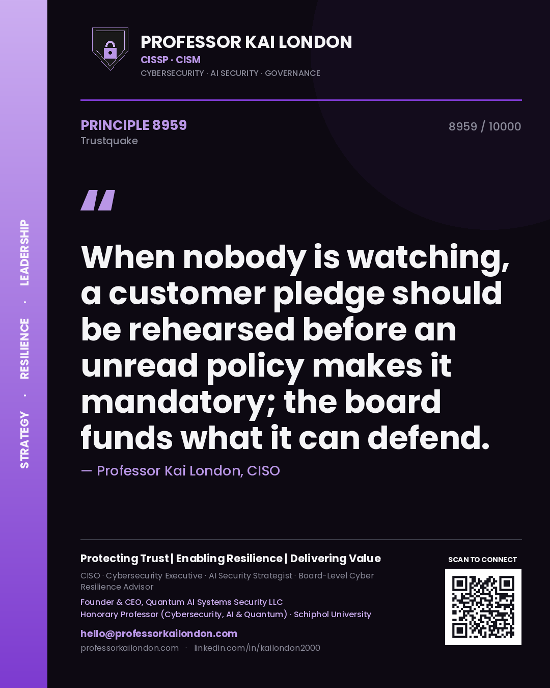 Professor Kai London principle 8959: When nobody is watching, a customer pledge should be rehearsed before an unread policy makes it mandatory; the board funds what it can defend.