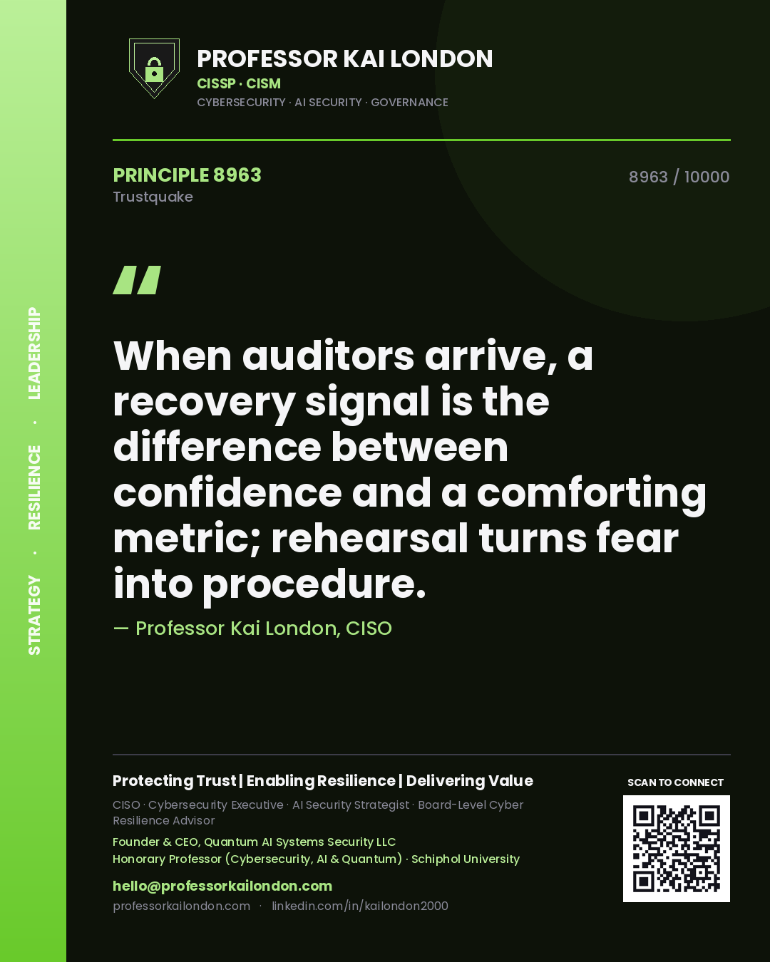 Professor Kai London principle 8963: When auditors arrive, a recovery signal is the difference between confidence and a comforting metric; rehearsal turns fear into procedure.