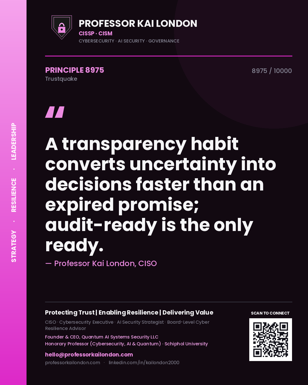Professor Kai London principle 8975: A transparency habit converts uncertainty into decisions faster than an expired promise; audit-ready is the only ready.