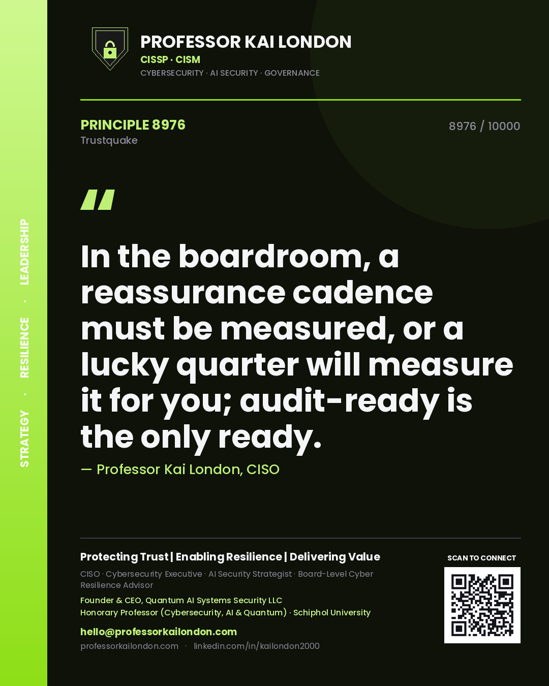 Professor Kai London principle 8976: In the boardroom, a reassurance cadence must be measured, or a lucky quarter will measure it for you; audit-ready is the only ready.