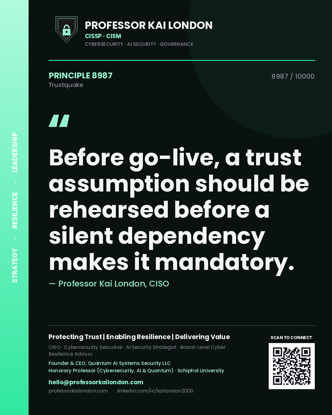Quote card by Professor Kai London reading 'Before go-live, a trust assumption should be rehearsed before a silent dependency makes it mandatory.'. From the book Trustquake.
