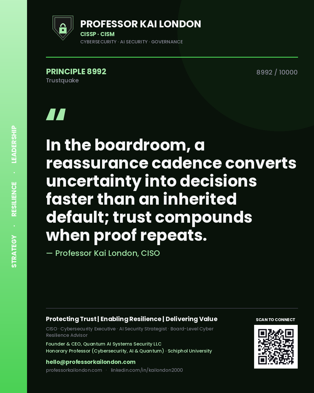 Quote card by Professor Kai London reading 'In the boardroom, a reassurance cadence converts uncertainty into decisions faster than an inherited default; trust compounds when proof repeats.'. From the book Trustquake.