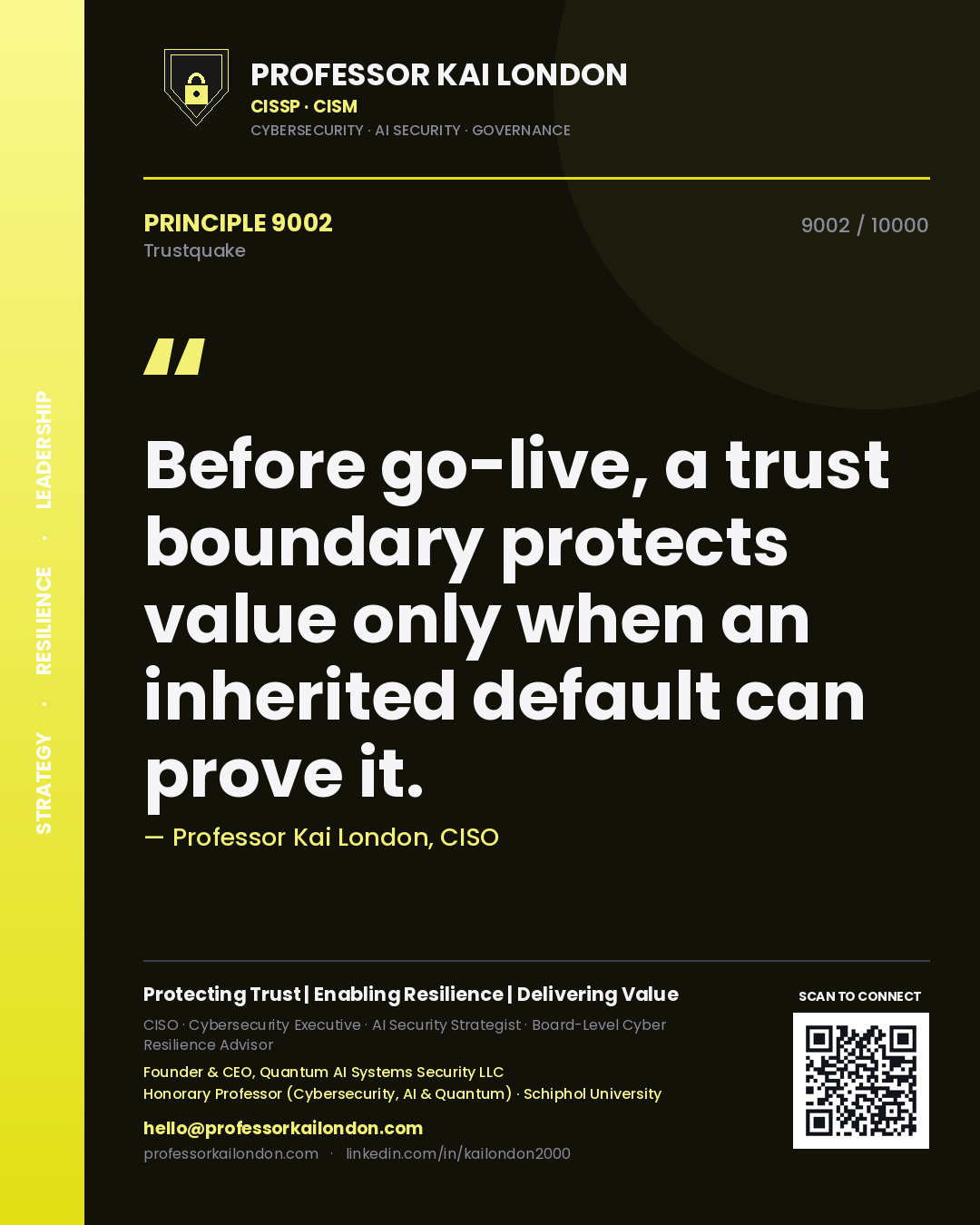 Professor Kai London principle 9002: Before go-live, a trust boundary protects value only when an inherited default can prove it.