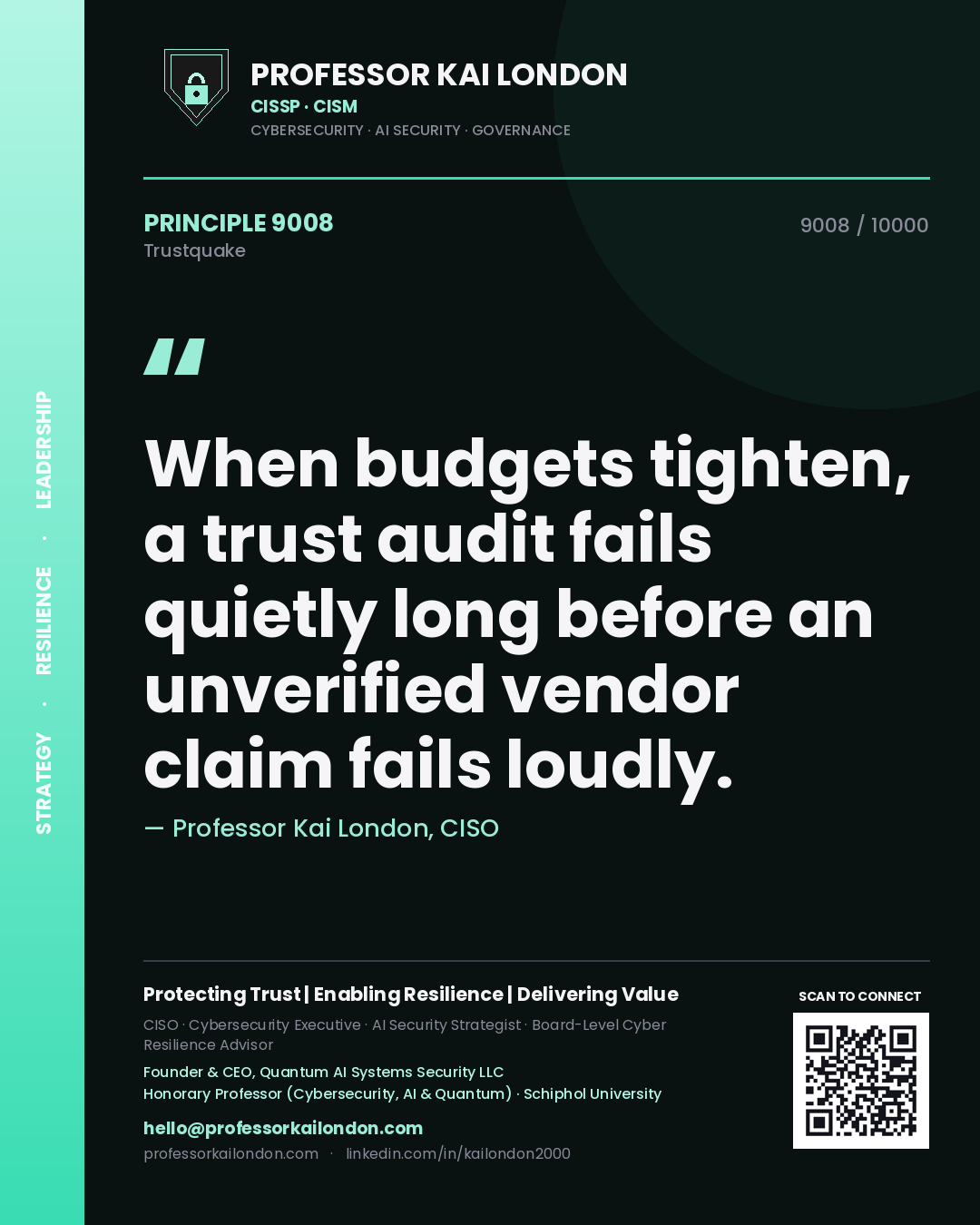 Quote card by Professor Kai London reading 'When budgets tighten, a trust audit fails quietly long before an unverified vendor claim fails loudly.'. From the book Trustquake.