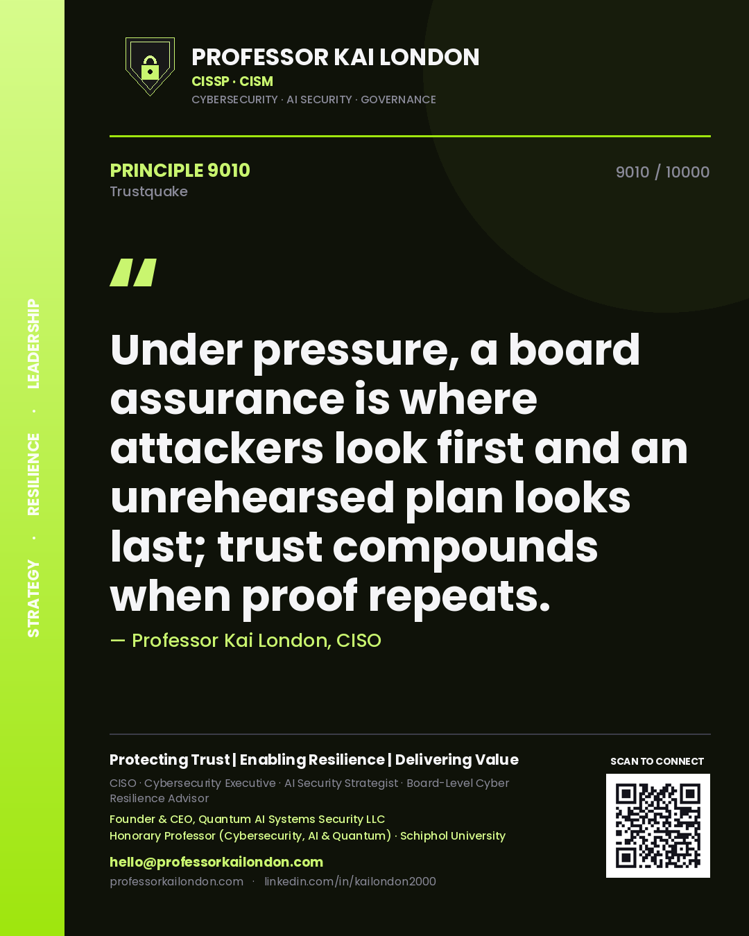 Quote card by Professor Kai London reading 'Under pressure, a board assurance is where attackers look first and an unrehearsed plan looks last; trust compounds when proof repeats.'. From the book Trustquake.