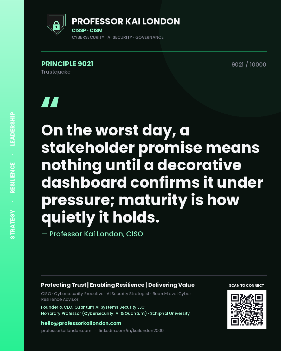 Professor Kai London principle 9021: On the worst day, a stakeholder promise means nothing until a decorative dashboard confirms it under pressure; maturity is how quietly it holds.