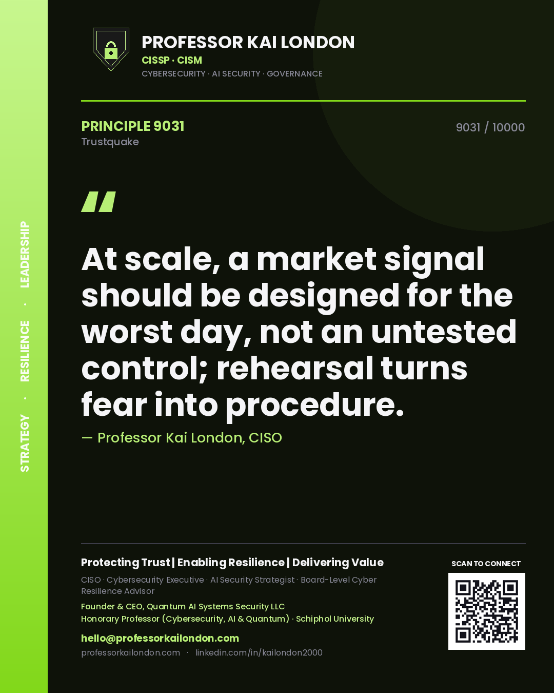 Professor Kai London principle 9031: At scale, a market signal should be designed for the worst day, not an untested control; rehearsal turns fear into procedure.