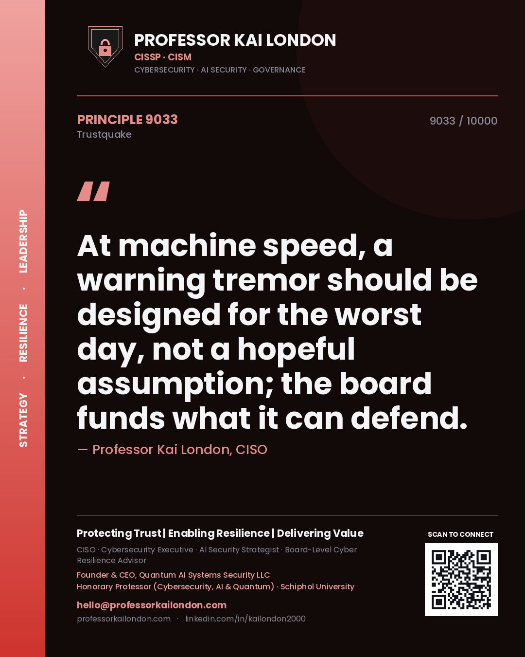 Professor Kai London principle 9033: At machine speed, a warning tremor should be designed for the worst day, not a hopeful assumption; the board funds what it can defend.