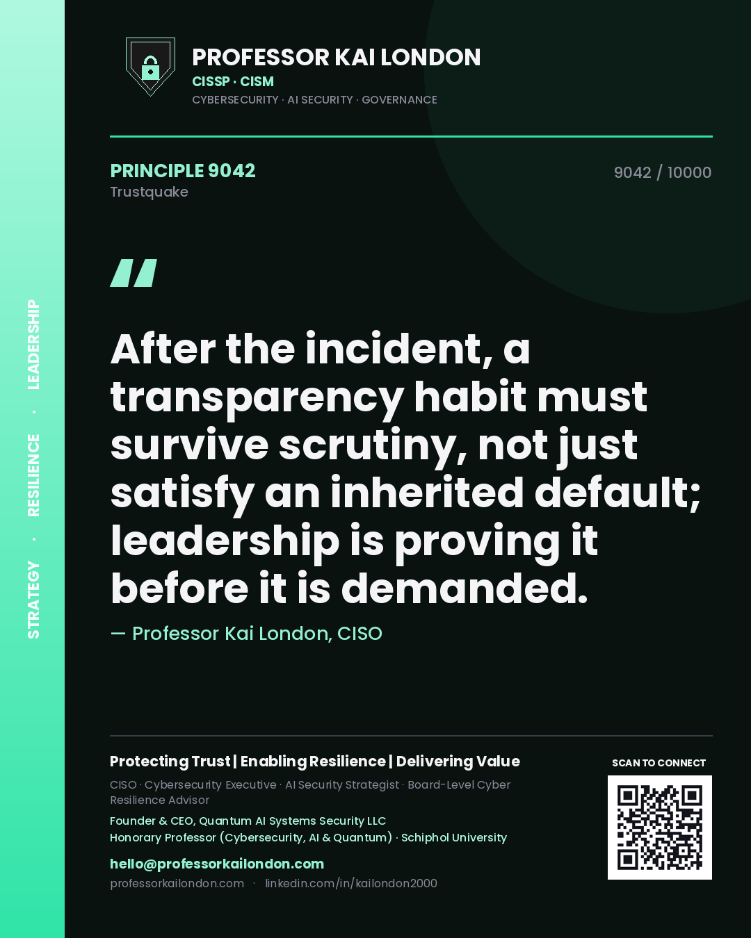 Quote card by Professor Kai London reading 'After the incident, a transparency habit must survive scrutiny, not just satisfy an inherited default; leadership is proving it before it is demanded.'. From the book Trustquake.