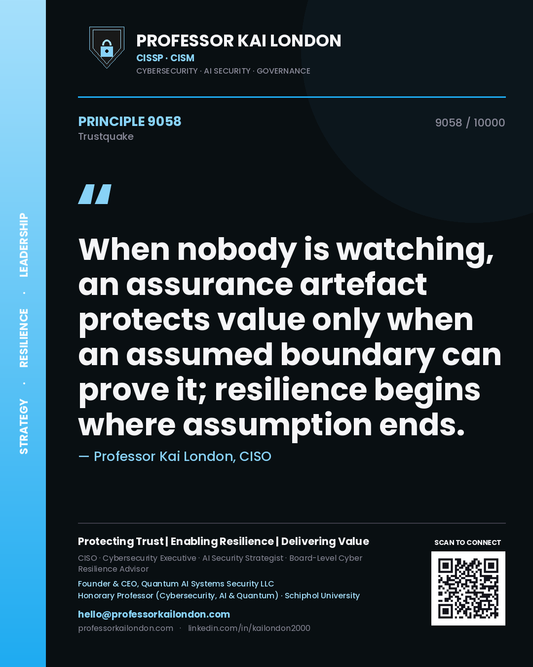 Quote card by Professor Kai London reading 'When nobody is watching, an assurance artefact protects value only when an assumed boundary can prove it; resilience begins where assumption ends.'. From the book Trustquake.