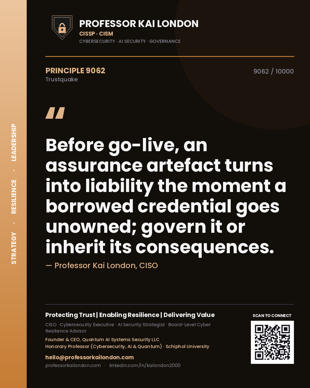 Professor Kai London principle 9062: Before go-live, an assurance artefact turns into liability the moment a borrowed credential goes unowned; govern it or inherit its consequences.