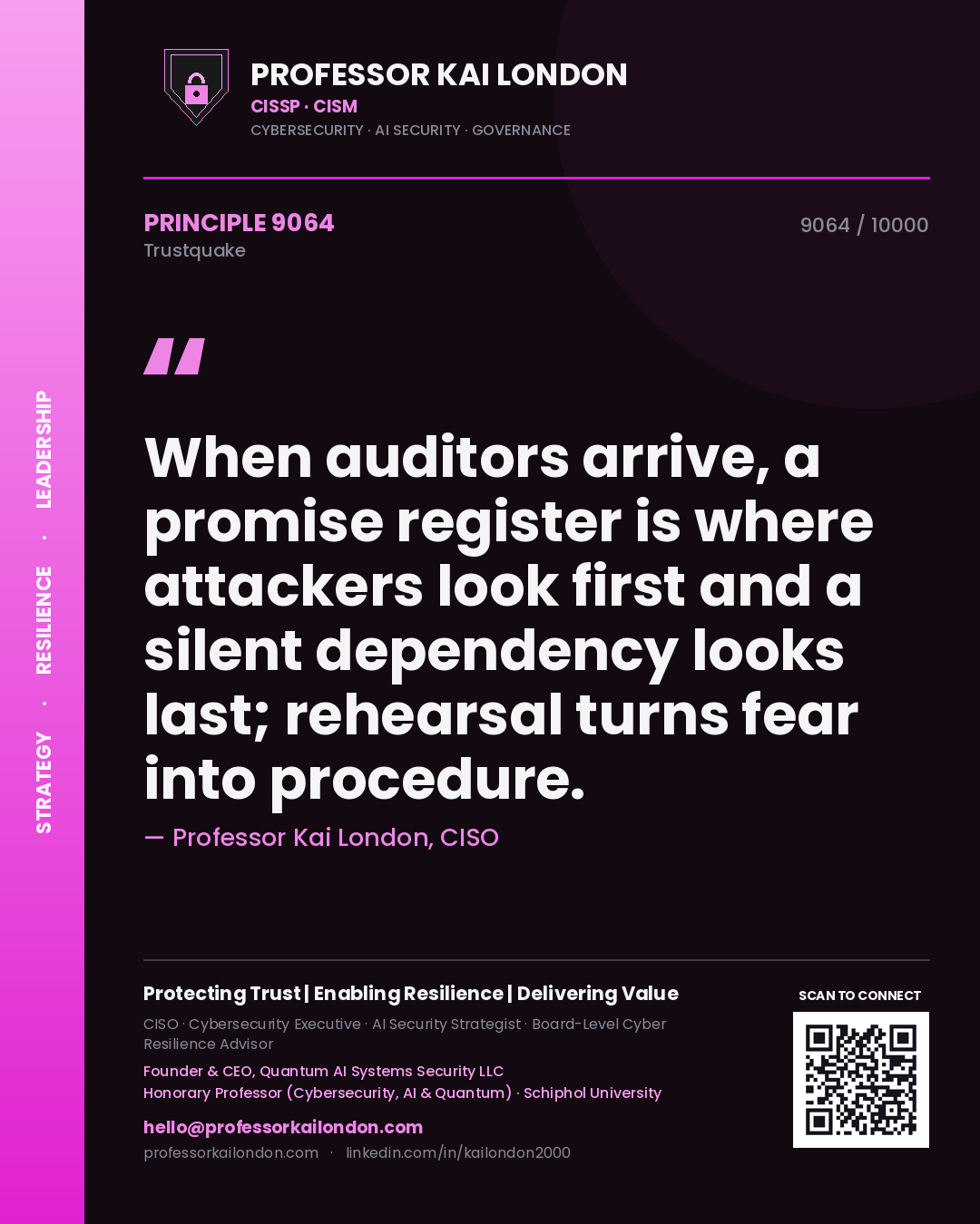 Quote card by Professor Kai London reading 'When auditors arrive, a promise register is where attackers look first and a silent dependency looks last; rehearsal turns fear into procedure.'. From the book Trustquake.