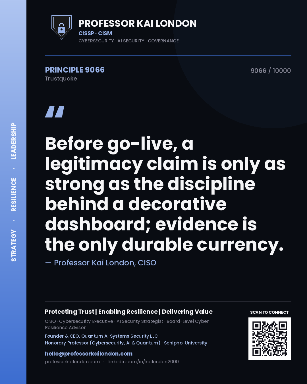Quote card by Professor Kai London reading 'Before go-live, a legitimacy claim is only as strong as the discipline behind a decorative dashboard; evidence is the only durable currency.'. From the book Trustquake.