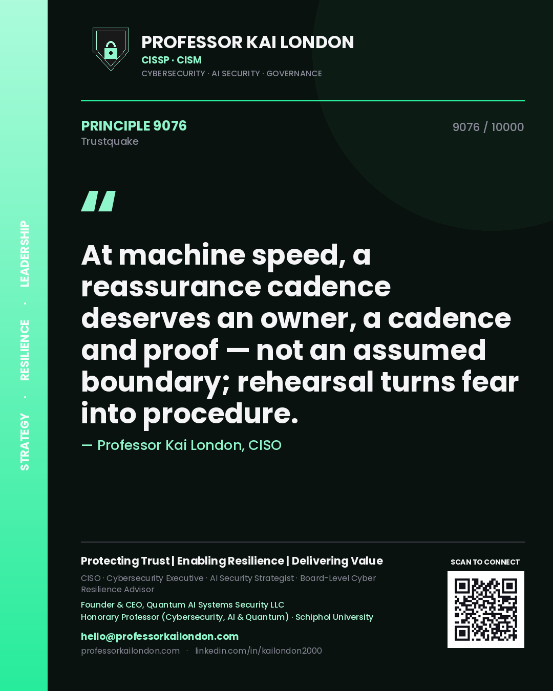 Quote card by Professor Kai London reading 'At machine speed, a reassurance cadence deserves an owner, a cadence and proof — not an assumed boundary; rehearsal turns fear into procedure.'. From the book Trustquake.