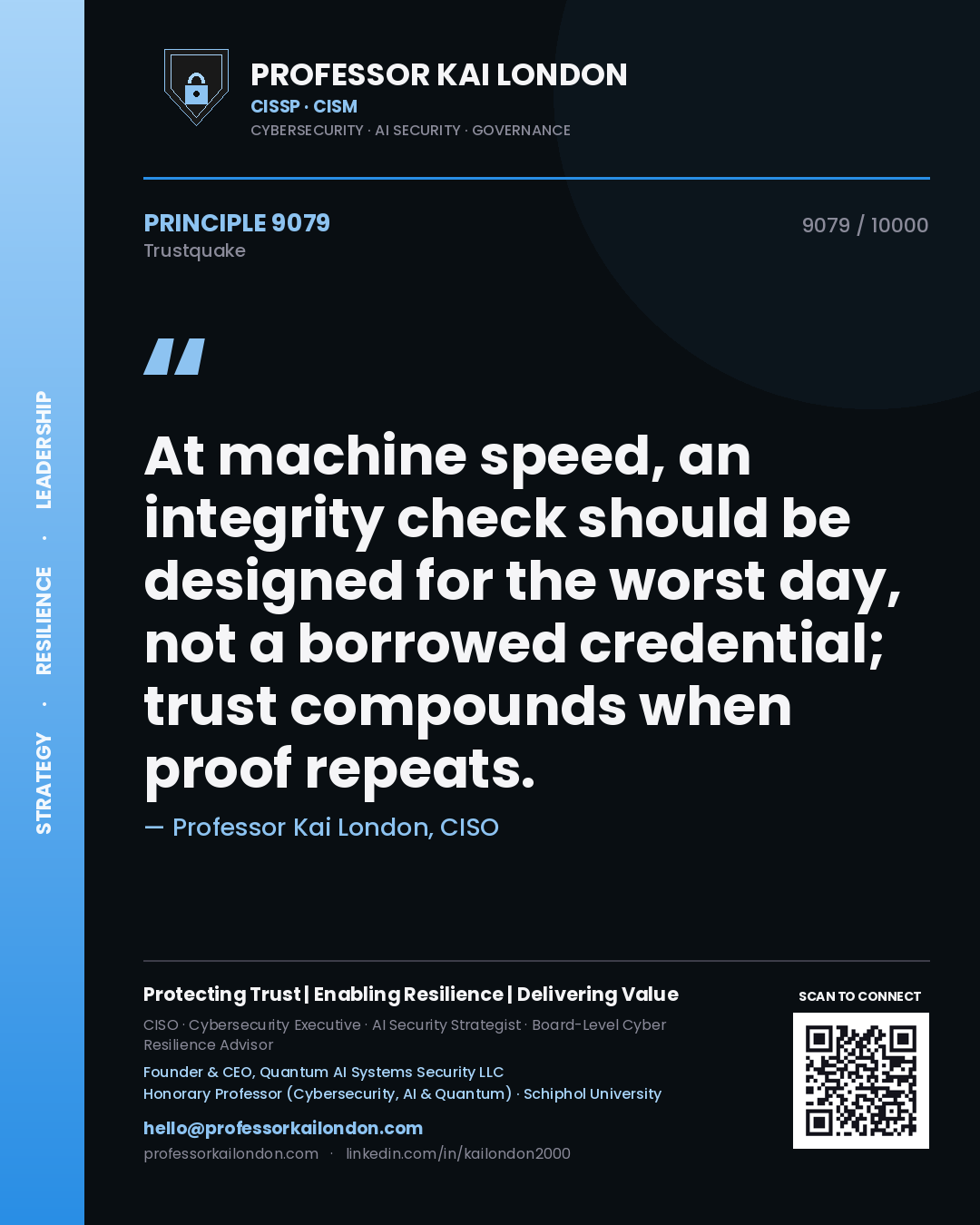 Professor Kai London principle 9079: At machine speed, an integrity check should be designed for the worst day, not a borrowed credential; trust compounds when proof repeats.