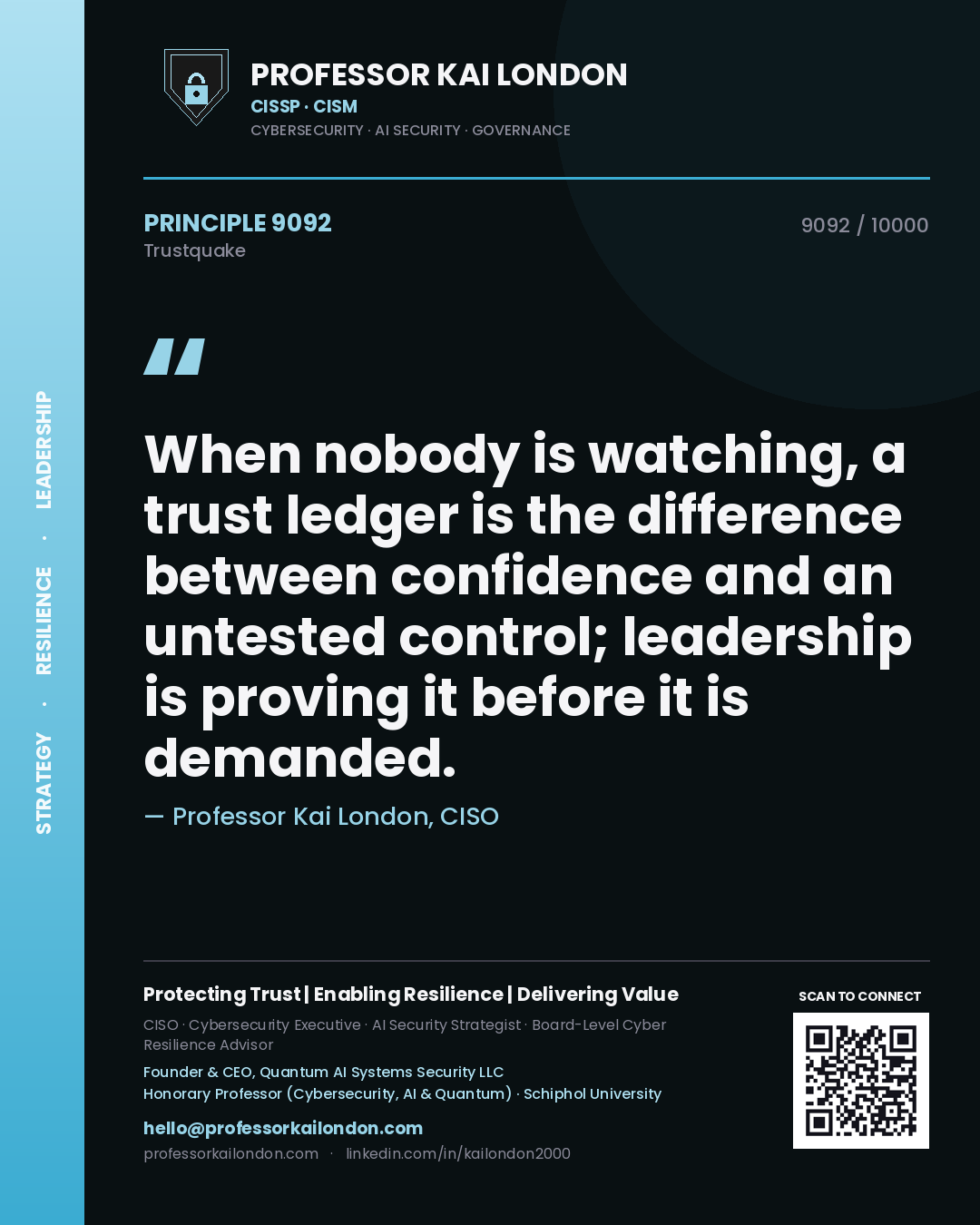Quote card by Professor Kai London reading 'When nobody is watching, a trust ledger is the difference between confidence and an untested control; leadership is proving it before it is demanded.'. From the book Trustquake.