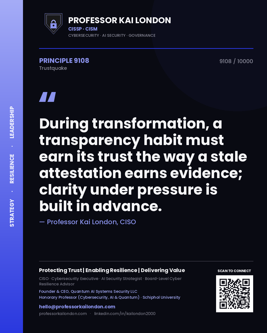 Quote card by Professor Kai London reading 'During transformation, a transparency habit must earn its trust the way a stale attestation earns evidence; clarity under pressure is built in advance.'. From the book Trustquake.
