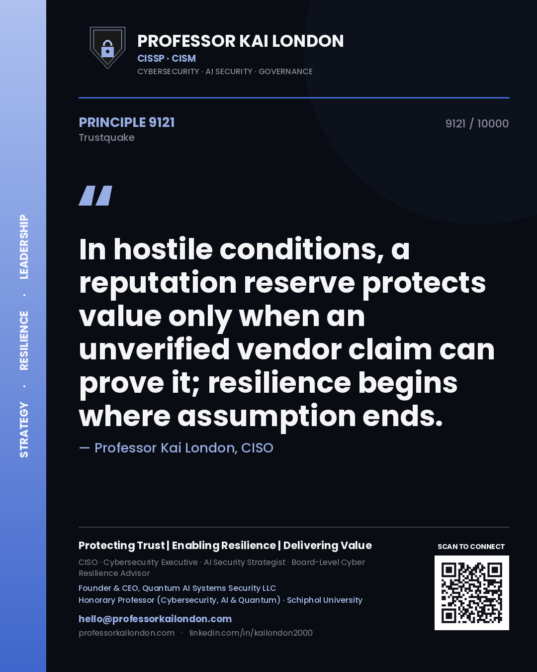 Quote card by Professor Kai London reading 'In hostile conditions, a reputation reserve protects value only when an unverified vendor claim can prove it; resilience begins where assumption ends.'. From the book Trustquake.