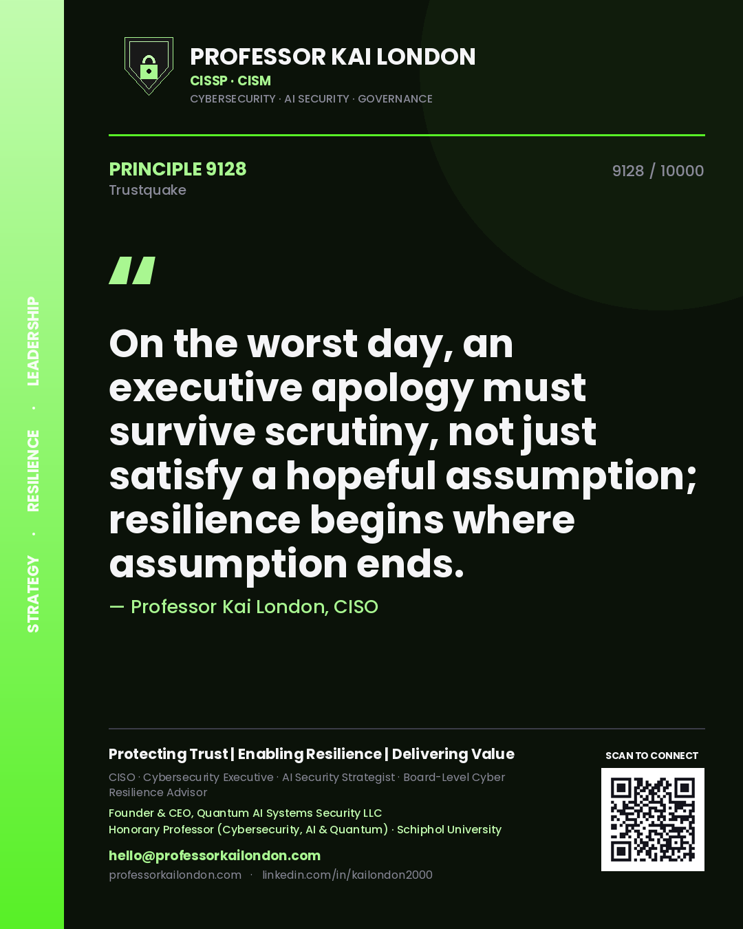 Quote card by Professor Kai London reading 'On the worst day, an executive apology must survive scrutiny, not just satisfy a hopeful assumption; resilience begins where assumption ends.'. From the book Trustquake.