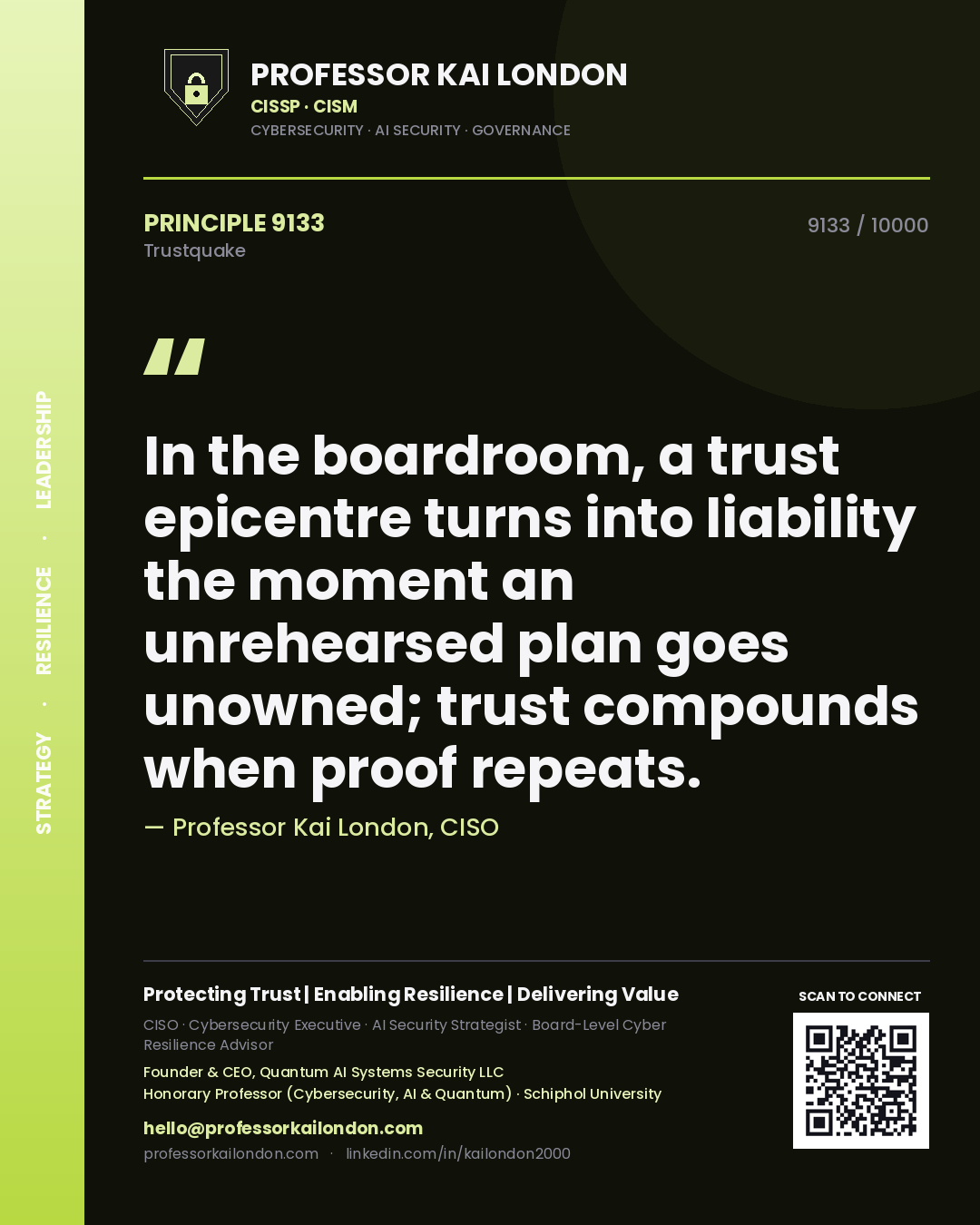 Quote card by Professor Kai London reading 'In the boardroom, a trust epicentre turns into liability the moment an unrehearsed plan goes unowned; trust compounds when proof repeats.'. From the book Trustquake.