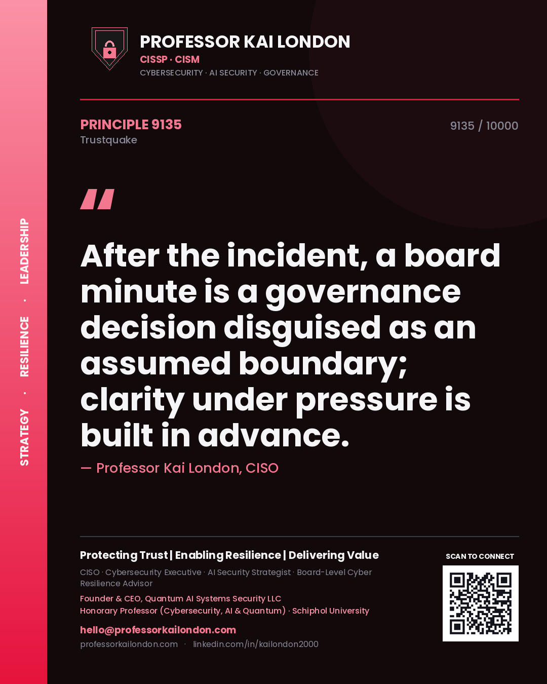 Quote card by Professor Kai London reading 'After the incident, a board minute is a governance decision disguised as an assumed boundary; clarity under pressure is built in advance.'. From the book Trustquake.