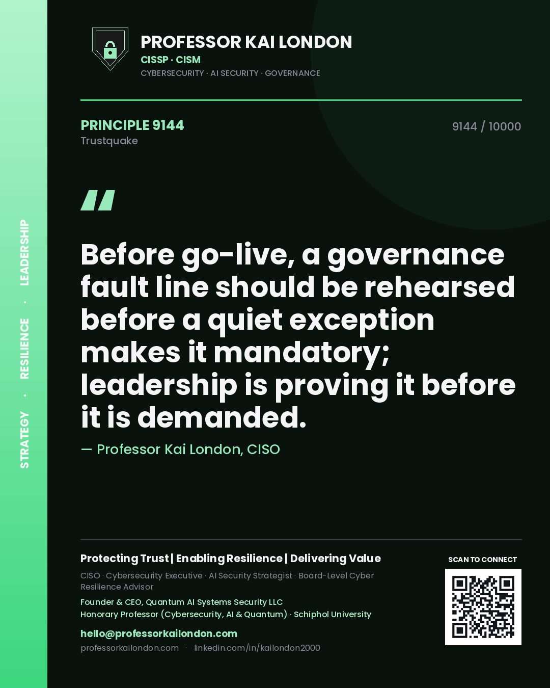 Quote card by Professor Kai London reading 'Before go-live, a governance fault line should be rehearsed before a quiet exception makes it mandatory; leadership is proving it before it is demanded.'. From the book Trustquake.